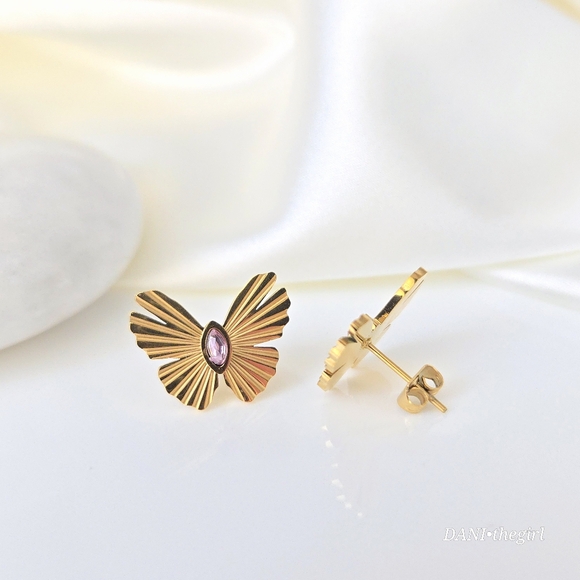 NEW 18K Gold Plated Pink Marquise Diamond Textured Butterfly Stud Earrings - Picture 5 of 6